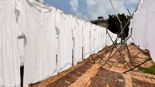 Drying hand embroidered traditional chikankari clothes in Lucknow
