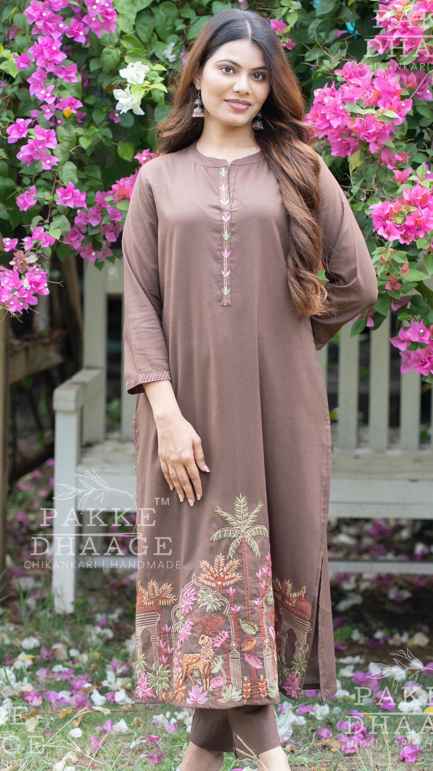 Needle Art Embroidered 3-Pc Suit Set Chocolate Brown