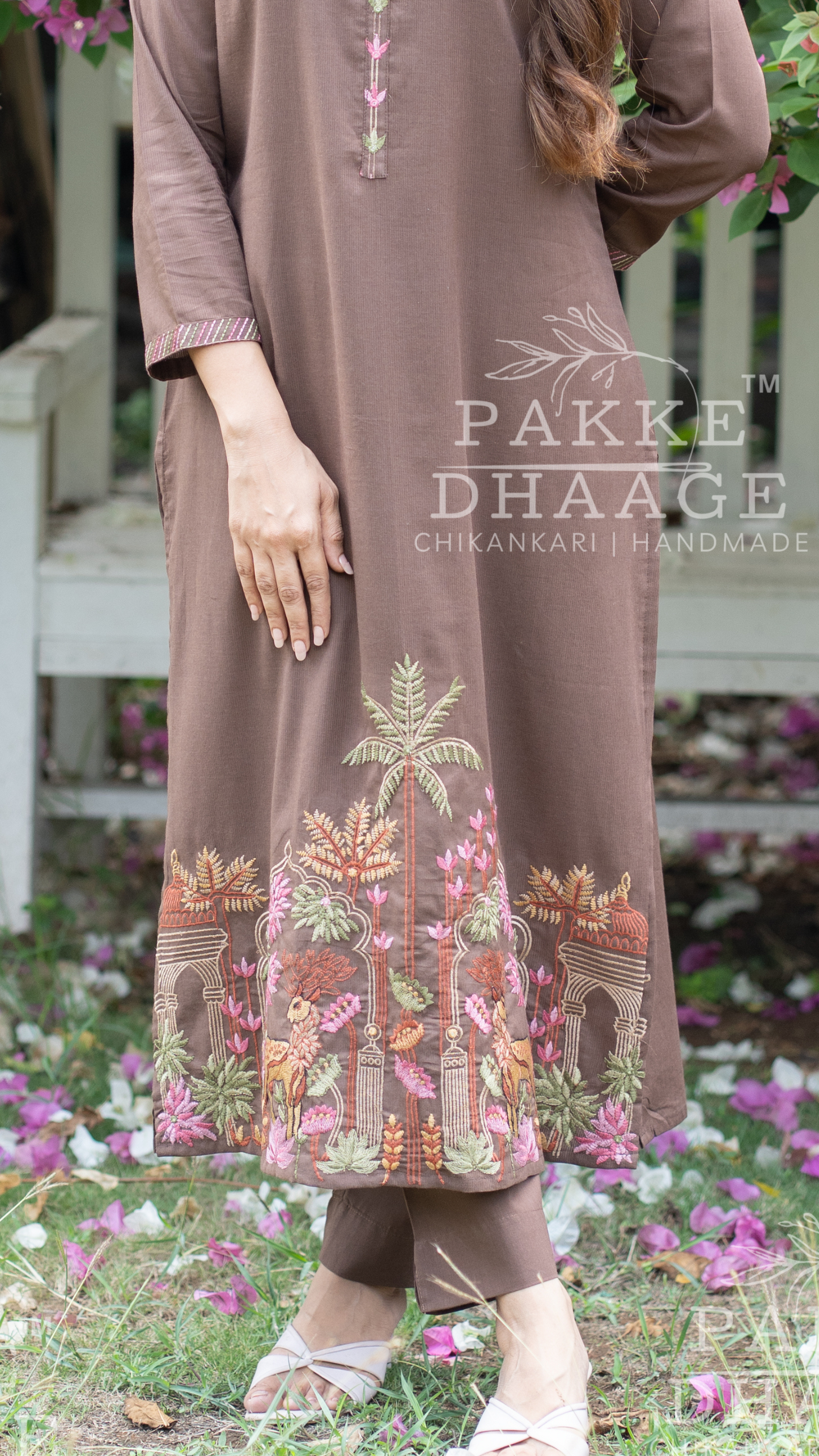 Needle Art Embroidered 3-Pc Suit Set Chocolate Brown