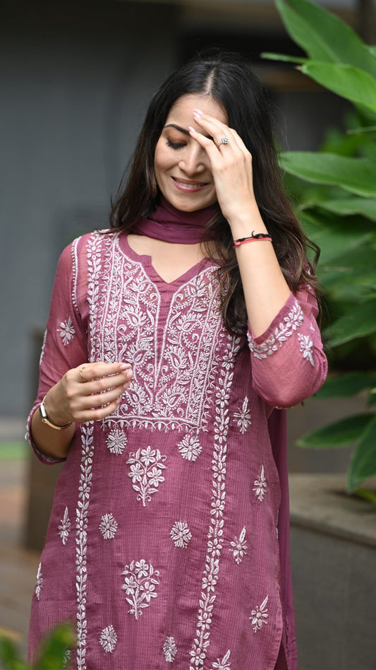 Aleena Pure Kota Doria Chikankari Kurta and Kurta Sets - Windsor Wine