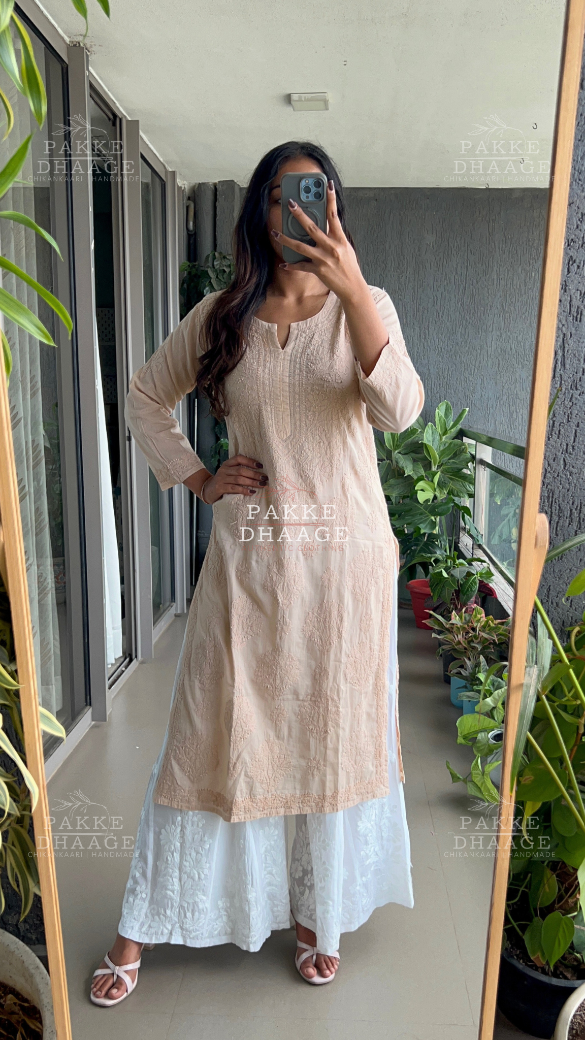 Zarah Pure Mulmul Chikankari Kurta - Mocha-Mousse