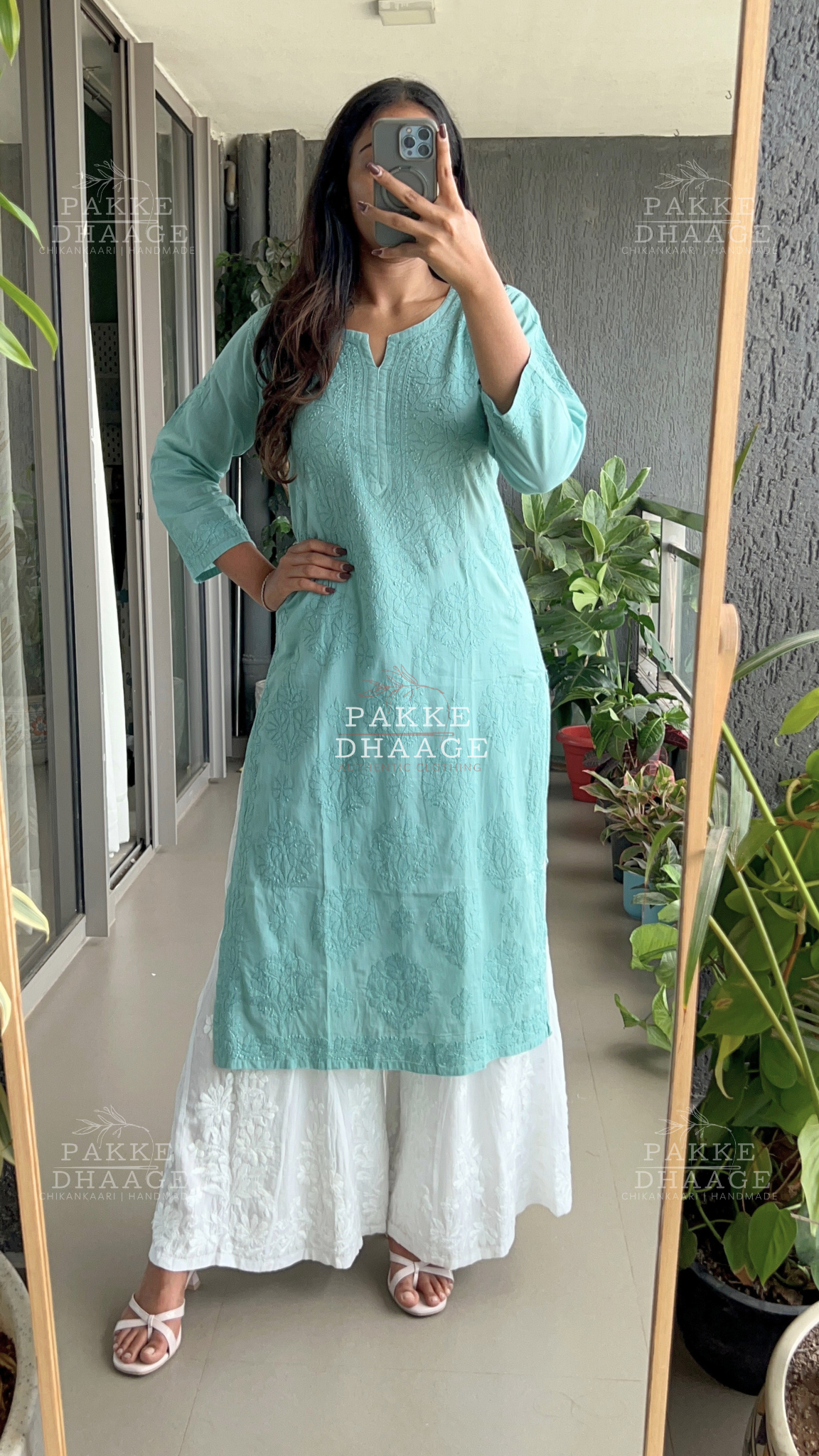 Zarah Pure Mulmul Chikankari Kurta - Sea Green