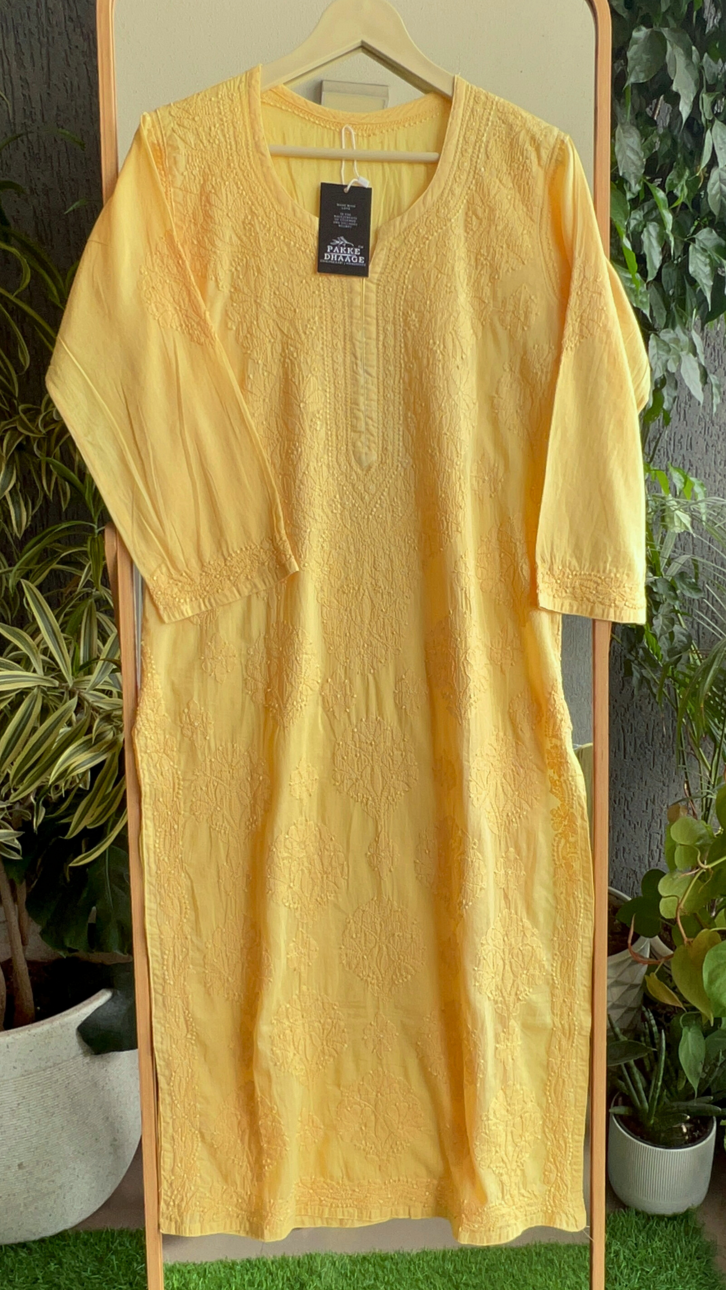 Zarah Pure Mulmul Chikankari Kurta - Yellow
