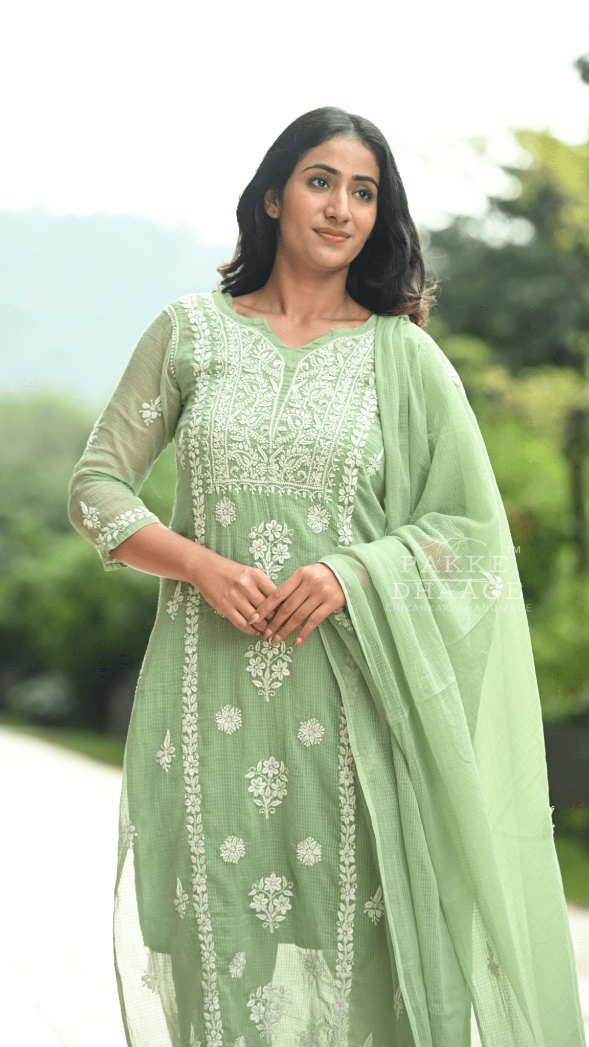 Aleena Pure Kota Doria Chikankari Kurta and Kurta Sets - Pista Green