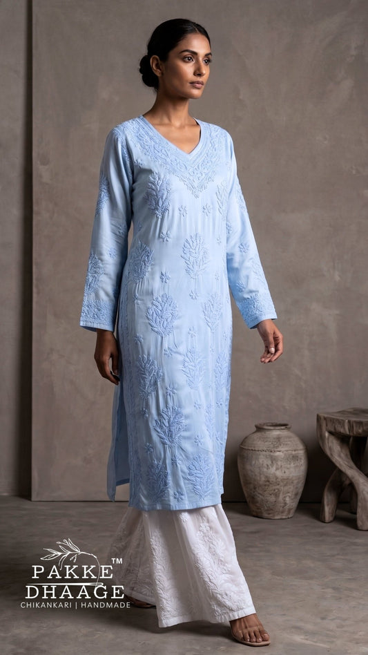 Anika Flex Cotton Chikankari Kurta - Powder Blue