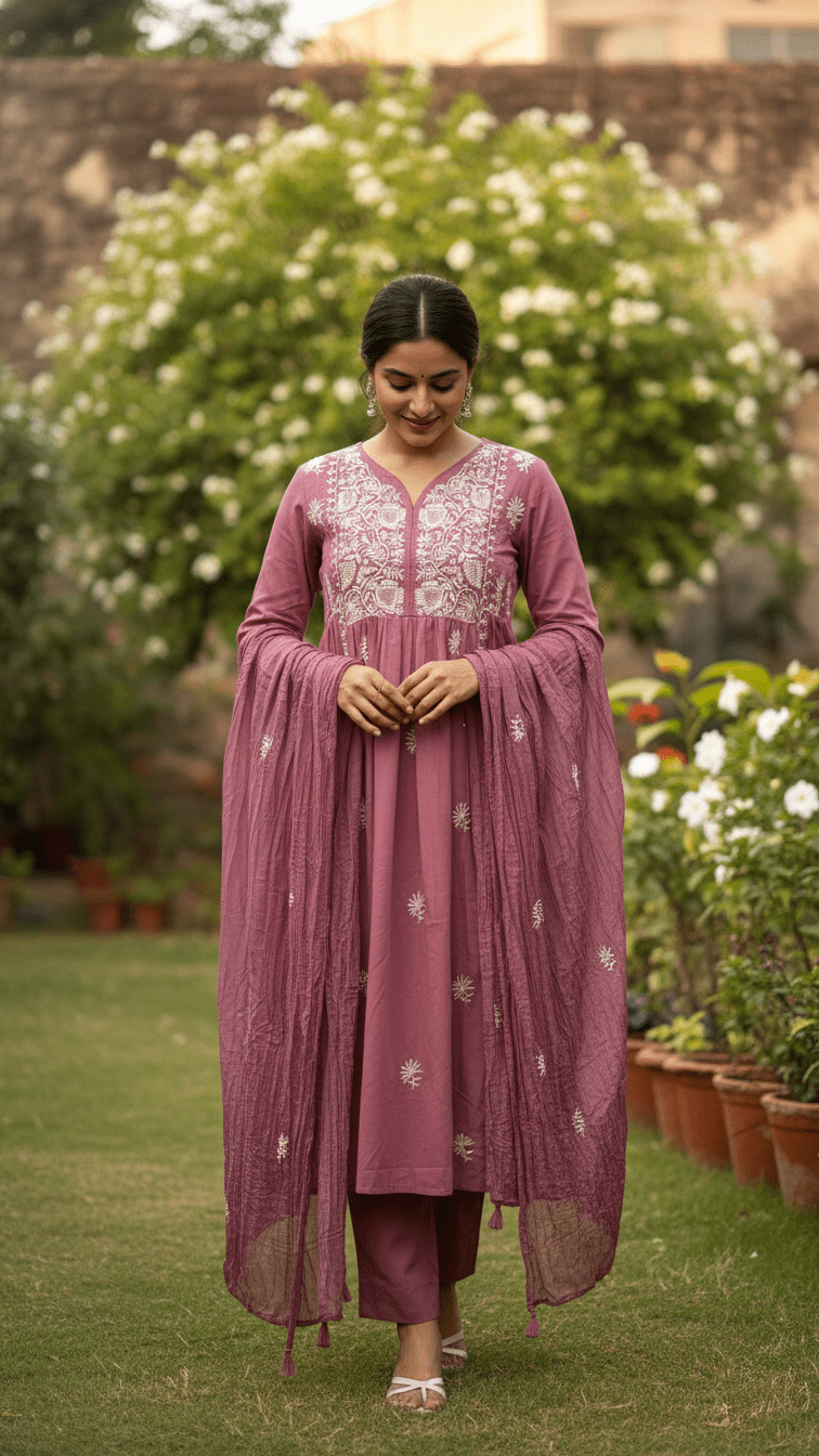 Woman in a pink traditional outfit standing in a garden with greenery and flowers.