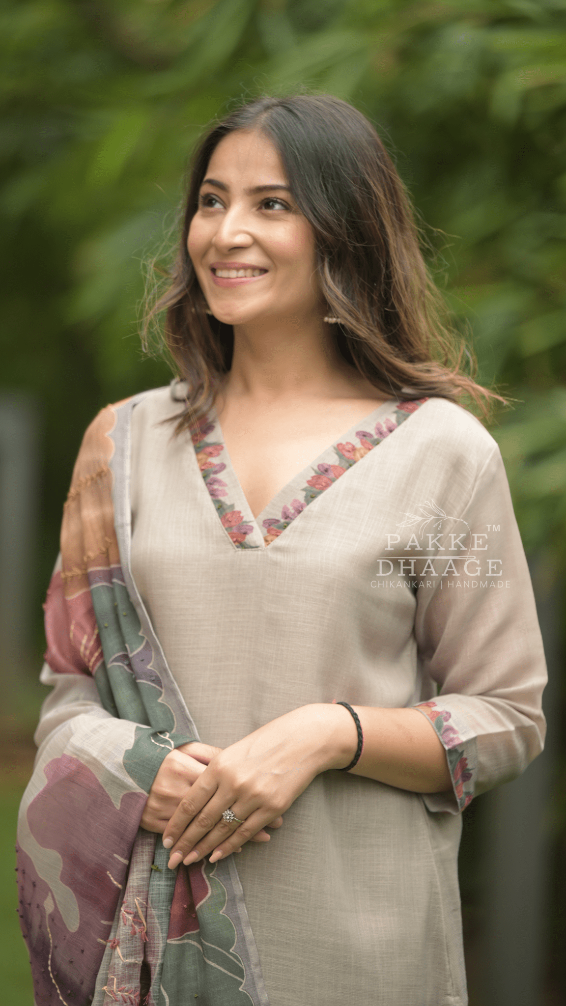 Kantha Embroidered Pure Linen 3-pc Suit Set Beige