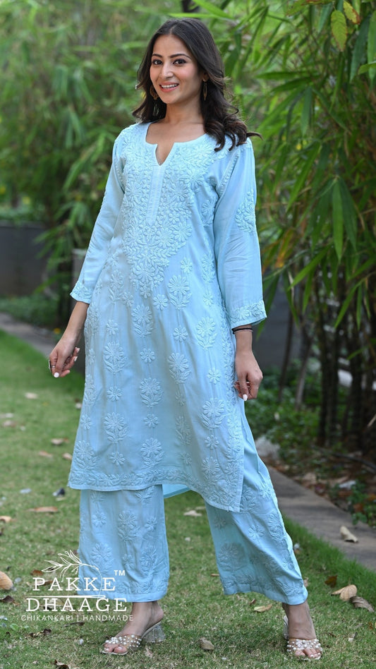 Meher Chikankari 2PC Kurta Palazzo Set - Aqua Spash