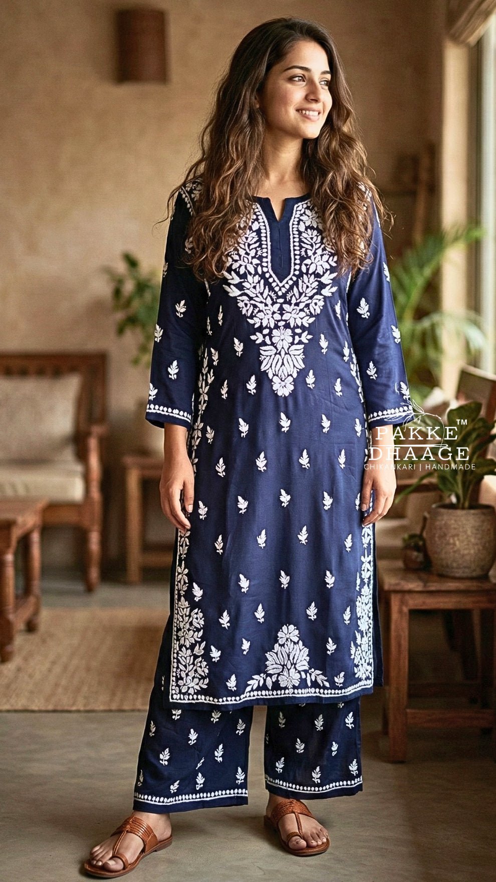 Rida Modal Chikankari Kurta Palazzo 2PC Set Navy