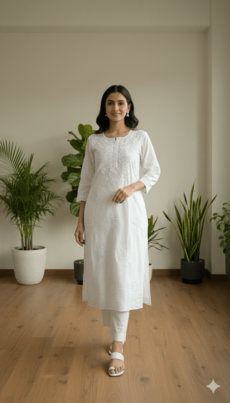 Rose Pure Mulmul Cotton Kurta - Milky White