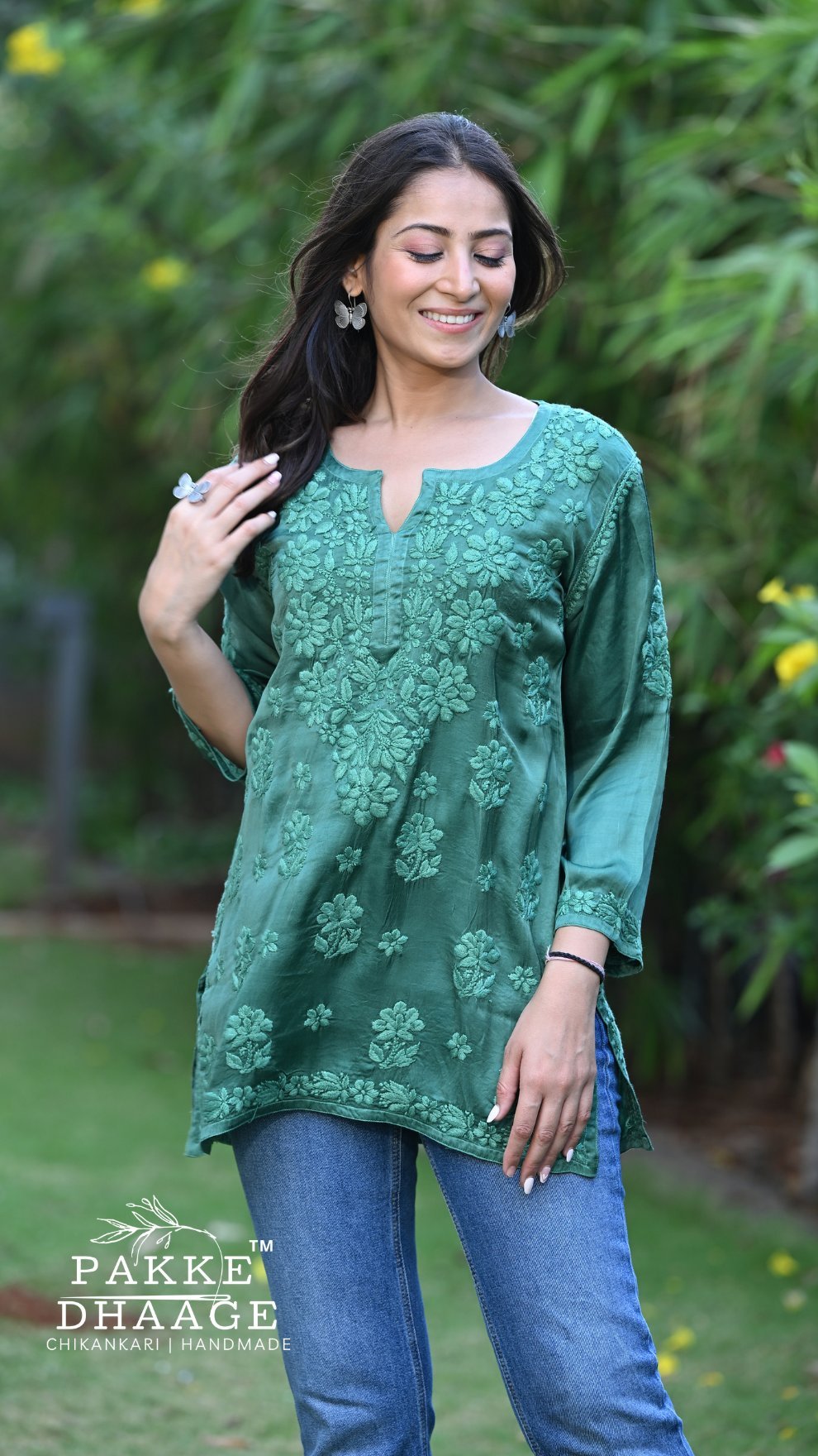 Saira Pure Modal Satin Short Kurtis Pine Green