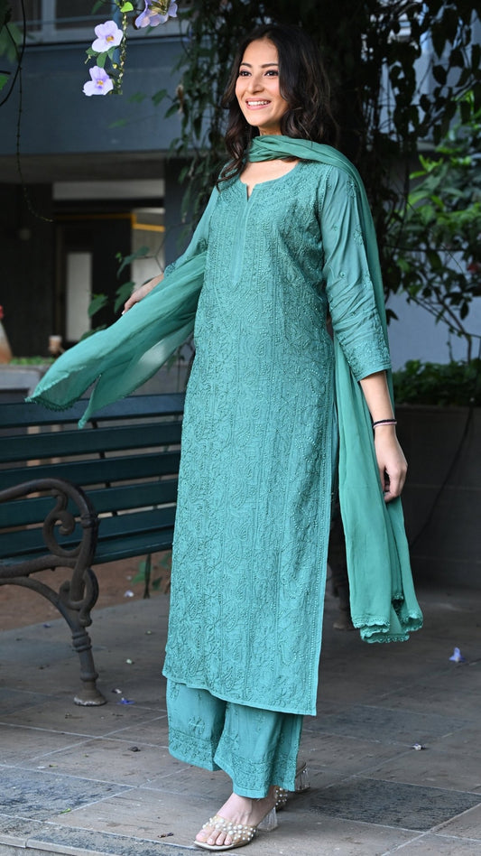 Sarah Resham Dhaaga Pure Muslin Kurta & Kurta Sets - Emerald Green