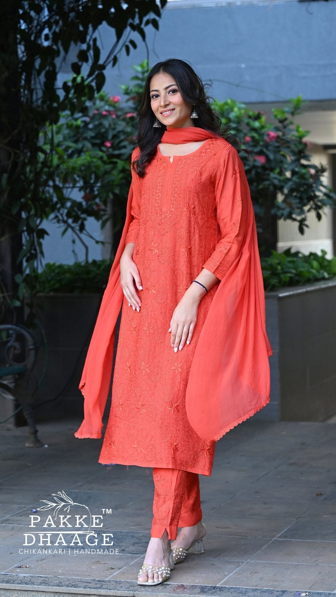 Sarah Resham Dhaaga Pure Muslin Kurta & Kurta Sets - Paprika Orange