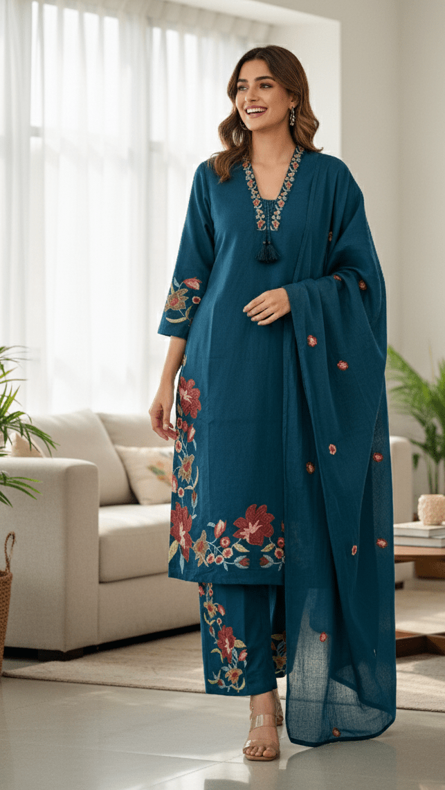 Serene Blossom Pure Cotton 3pc Suit Set - Teal Blue