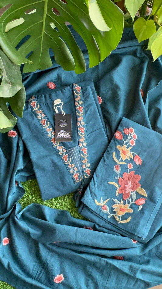 Serene Blossom Pure Cotton 3pc Suit Set - Teal Blue