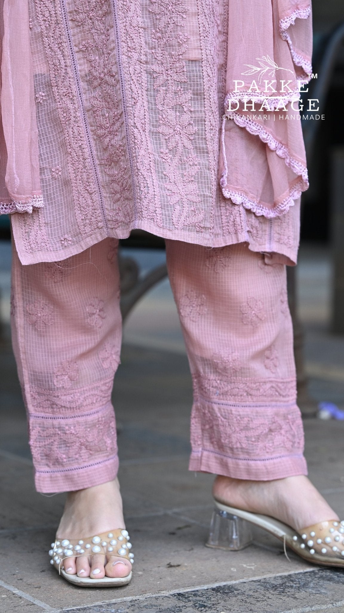 Muskan Pure Kota Doria Chikankari Kurta Sets - Dusty Mauve