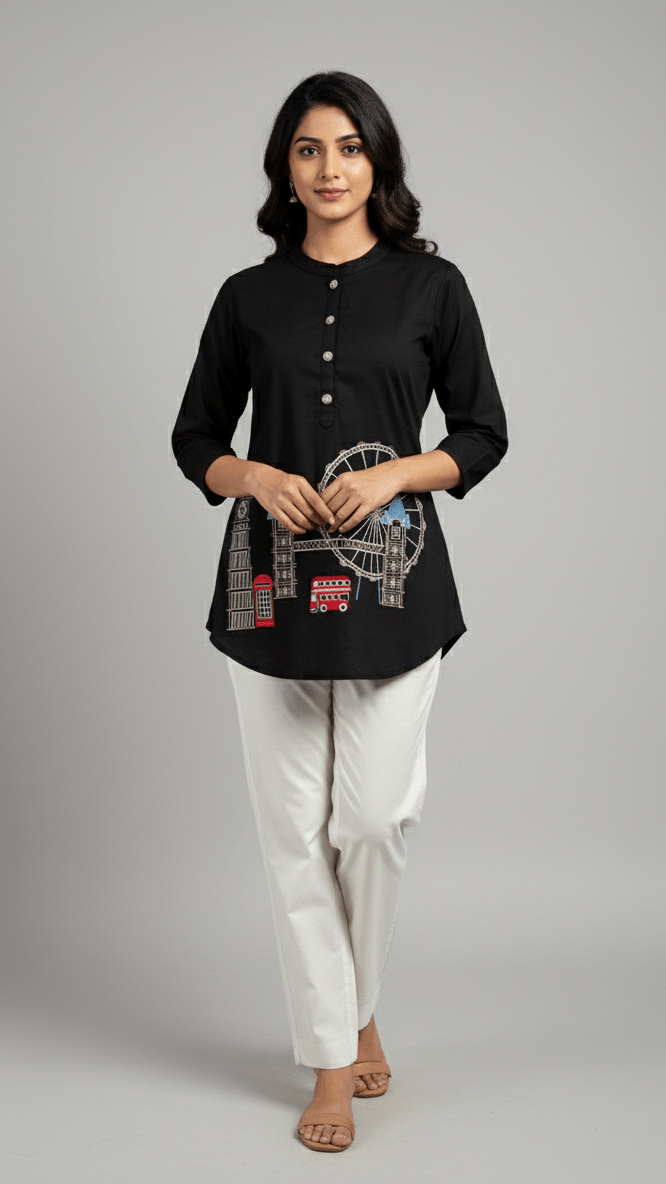 Wanderlust Pure Cotton Embroidered Short Tops - London Black