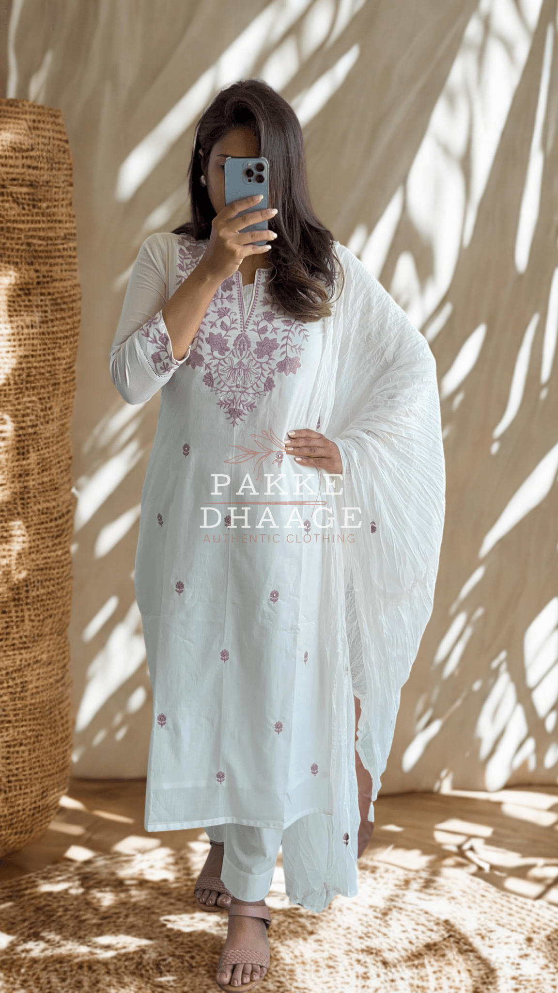 White Serenity Jaipuri Embroidered Suit Set - Mauve on White