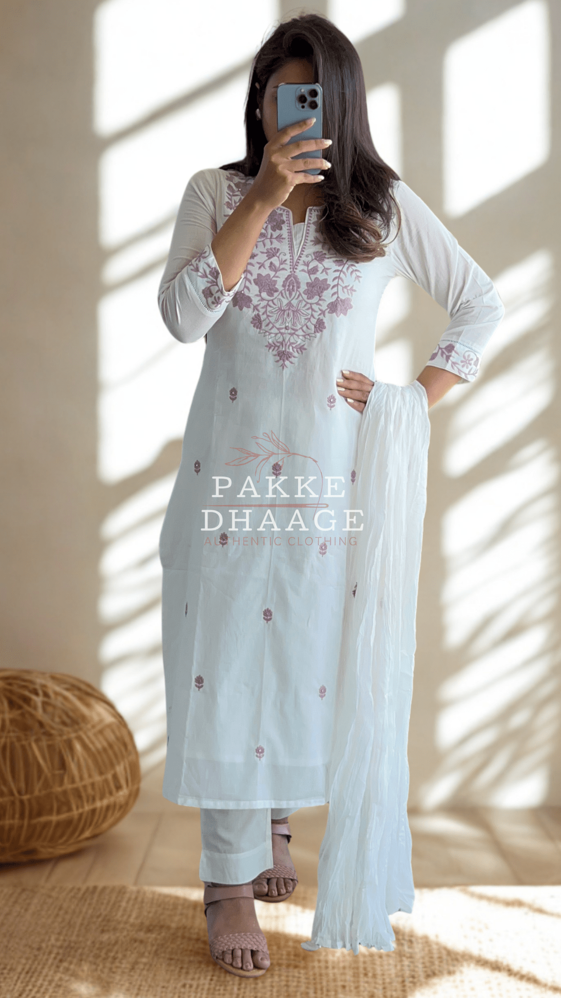 White Serenity Jaipuri Embroidered Suit Set - Mauve on White