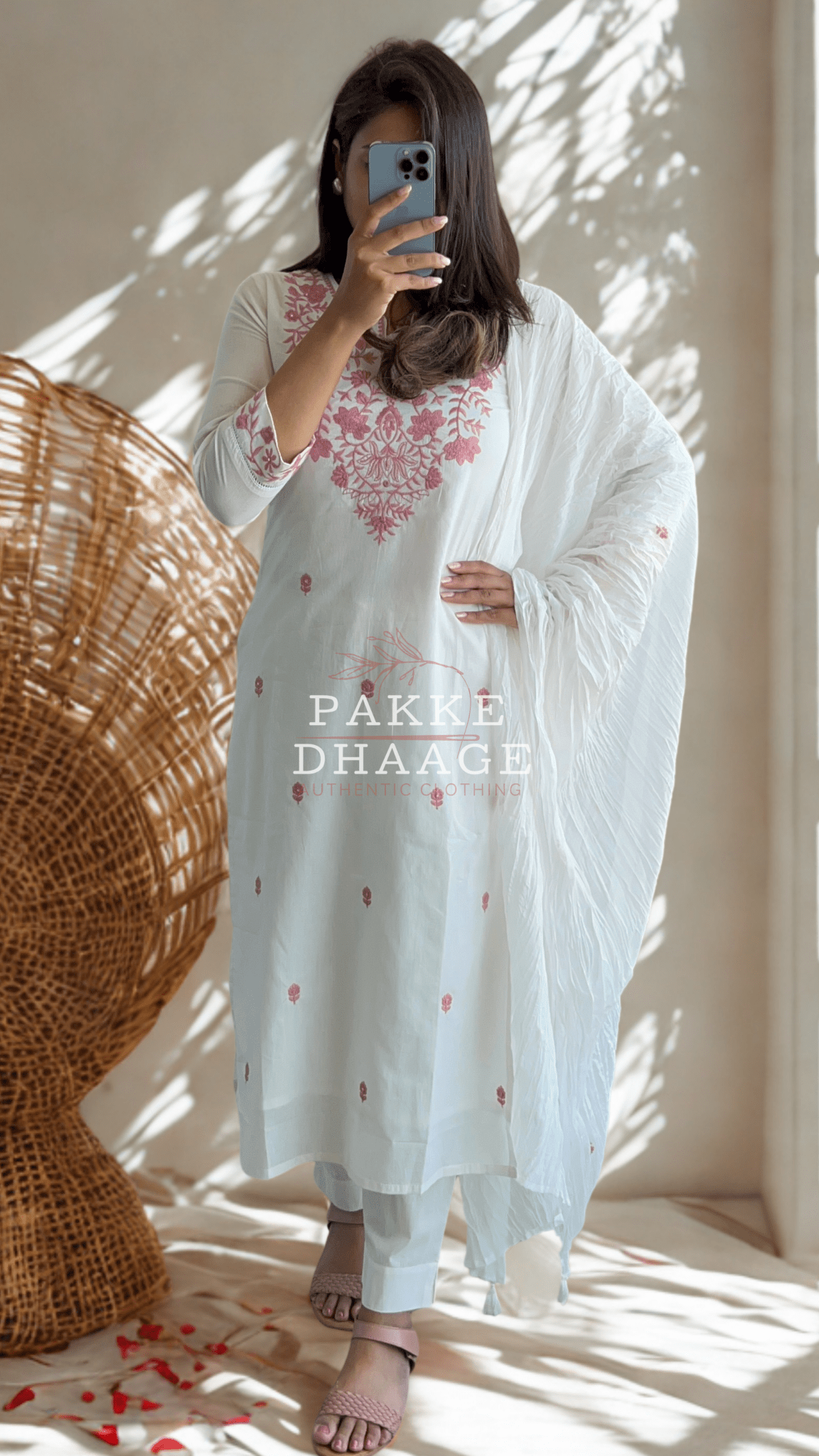 White Serenity Jaipuri Embroidered Suit Set - Pink on White