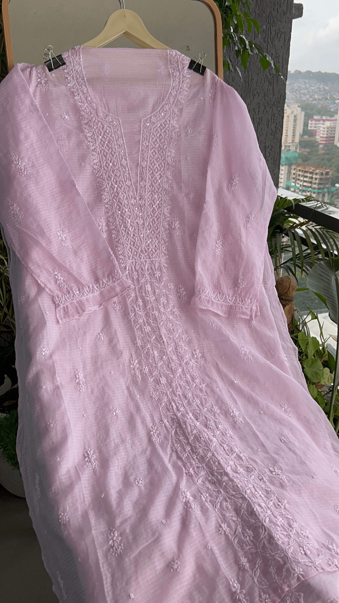 Women's Lucknawi Handcrafted Kota Doria Chikankari Suits - Unstitched Powder Blue