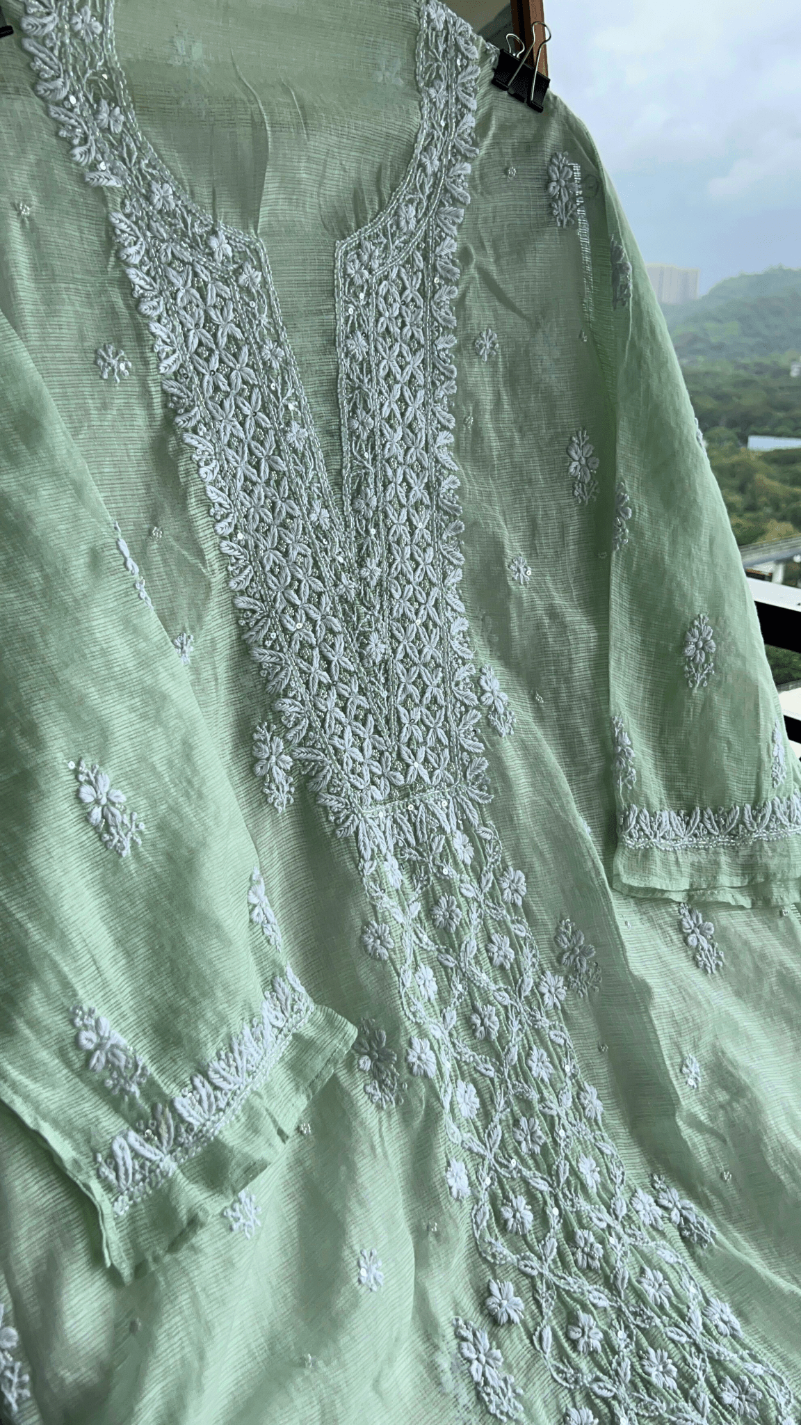 Women's Lucknawi Handcrafted Kota Doria Chikankari Suits - Unstitched Mint Green