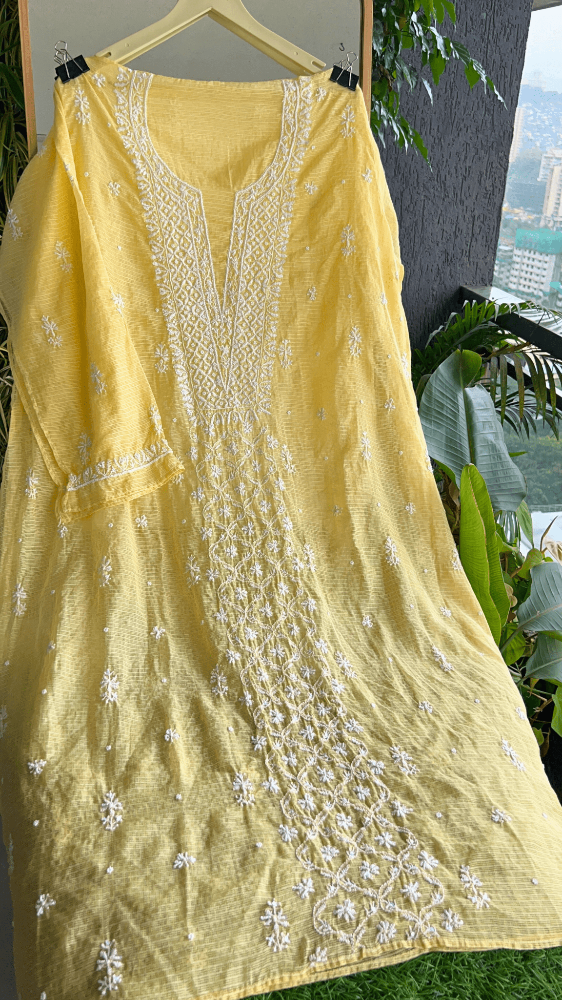 Women's Lucknawi Handcrafted Kota Doria Chikankari Suits - Unstitched Pastel Yellow