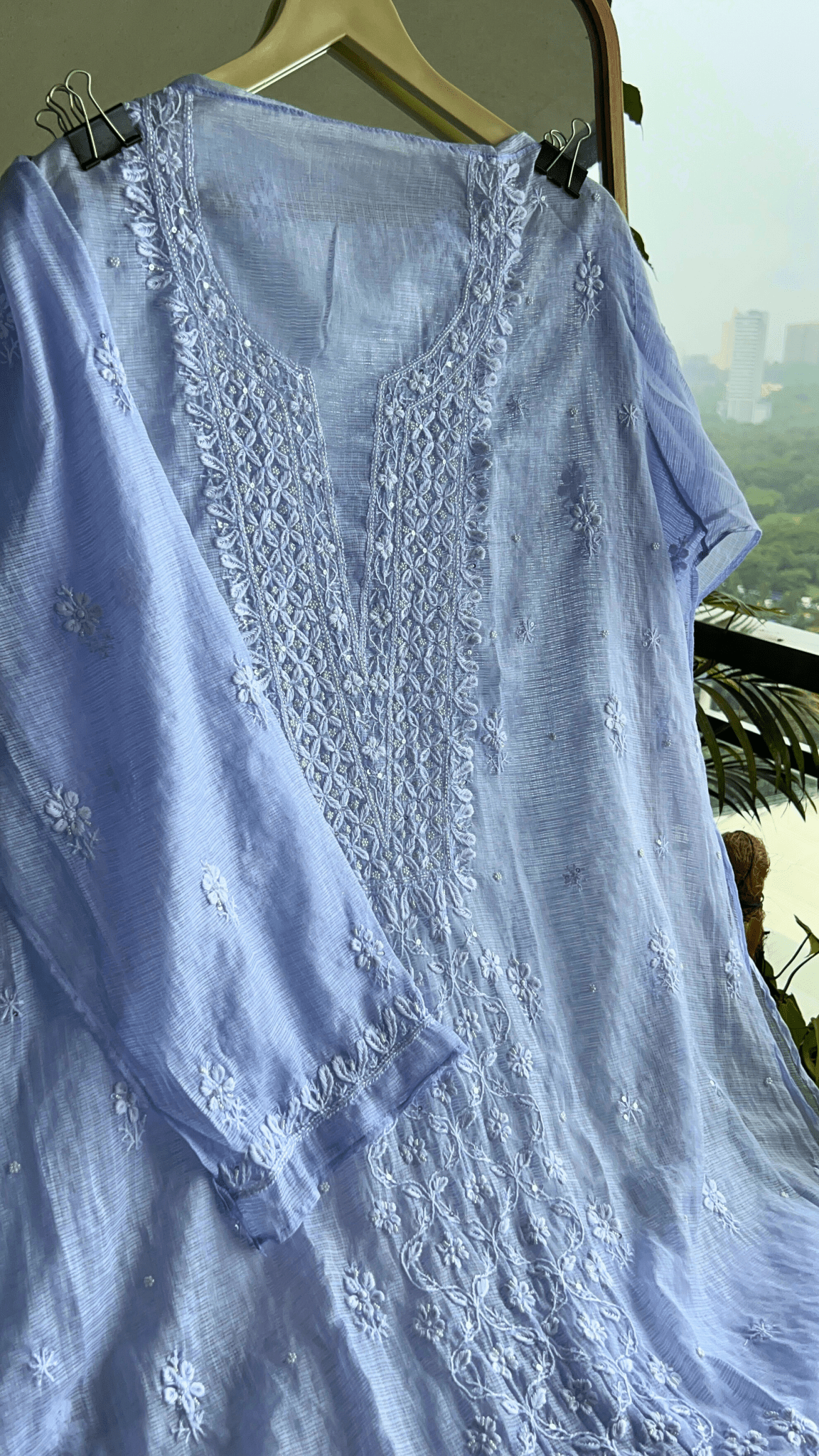 Women's Lucknawi Handcrafted Kota Doria Chikankari Suits - Unstitched Powder Blue