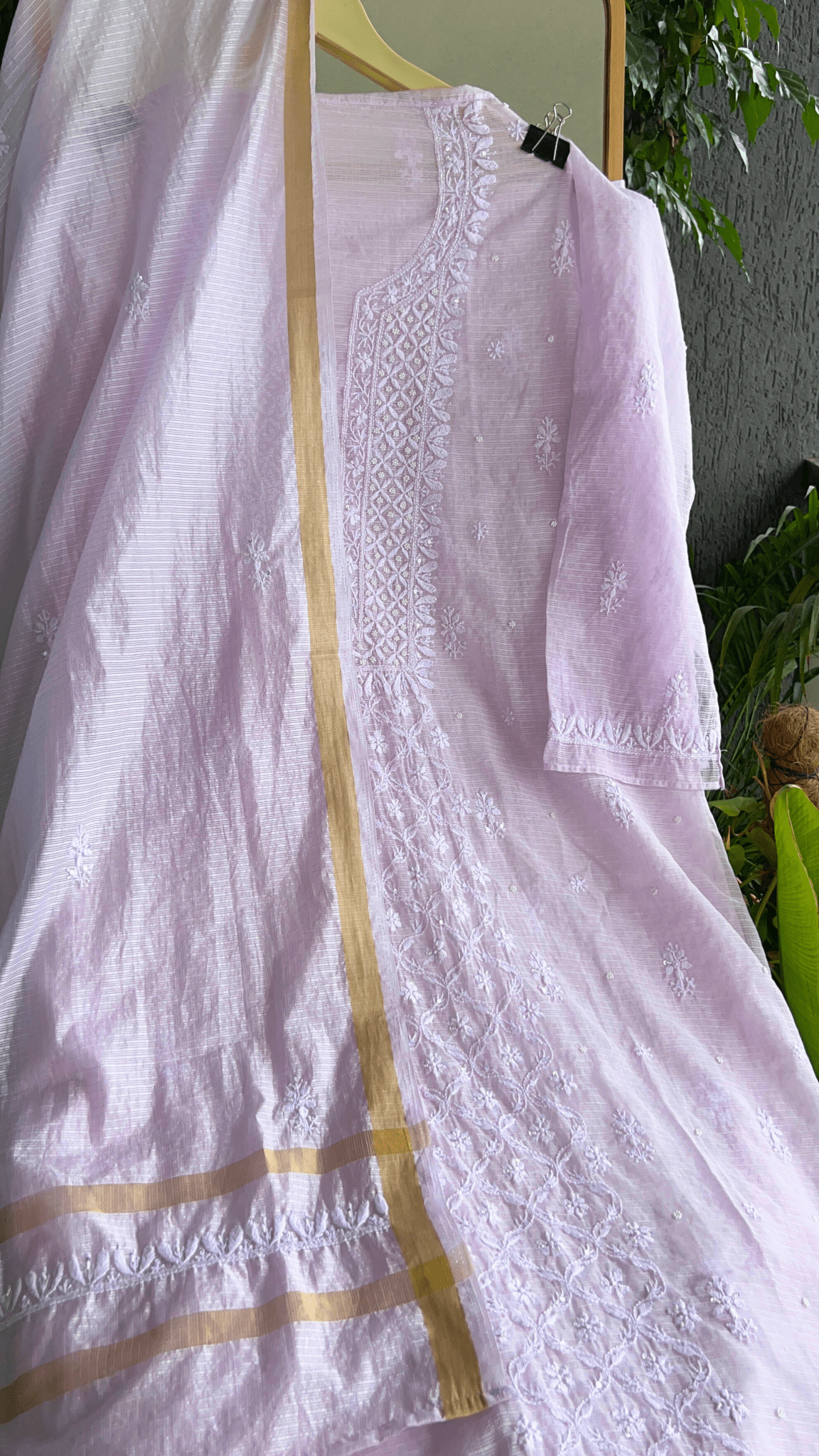 Women's Lucknawi Handcrafted Kota Doria Chikankari Suits - Unstitched Powder Blue