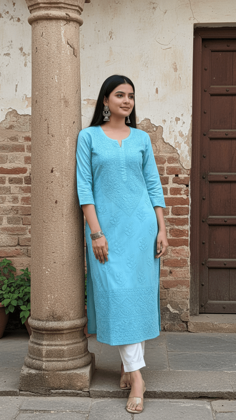 Woman in a aqua blue kurta standing next to a stone column with a rustic building in the background.