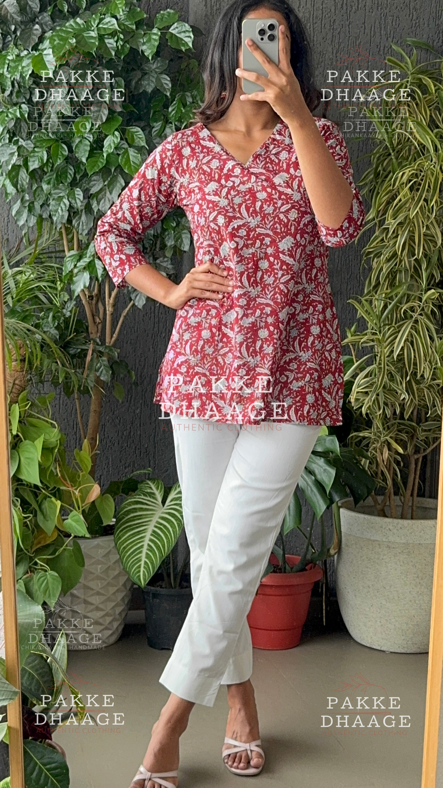 Print Poetry Pure Cotton Short Kurtis - Red