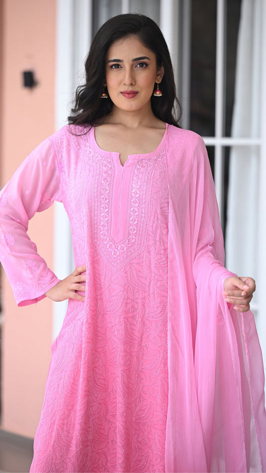 Adah Hand-Embroidered Ombre Viscose Georgette Chikankari 4-Piece Set - Camellia Pink