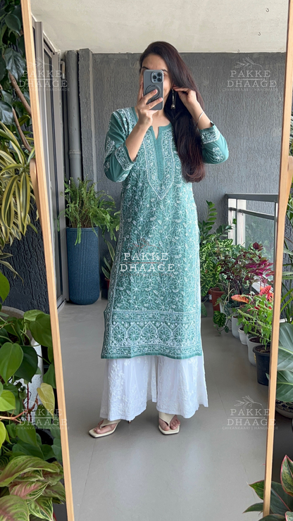 Roohi Pure Mulmul Cotton Kurta - Teal Green