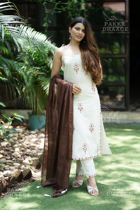 Embroidered Choco Ivory Pure Cotton Flex Suit Set