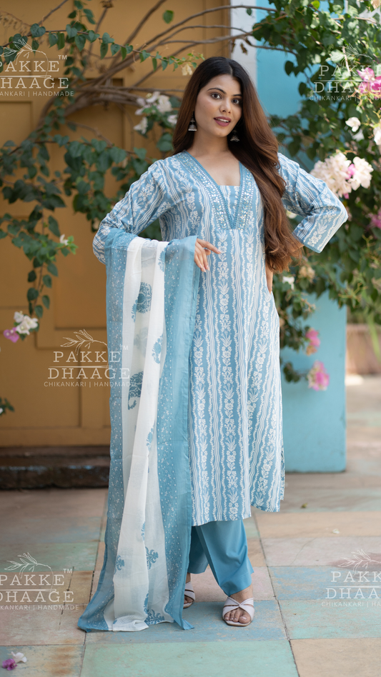 Pink Poetry Blue Waves Kurta Set