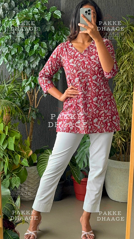 Print Poetry Pure Cotton Short Kurtis - Red