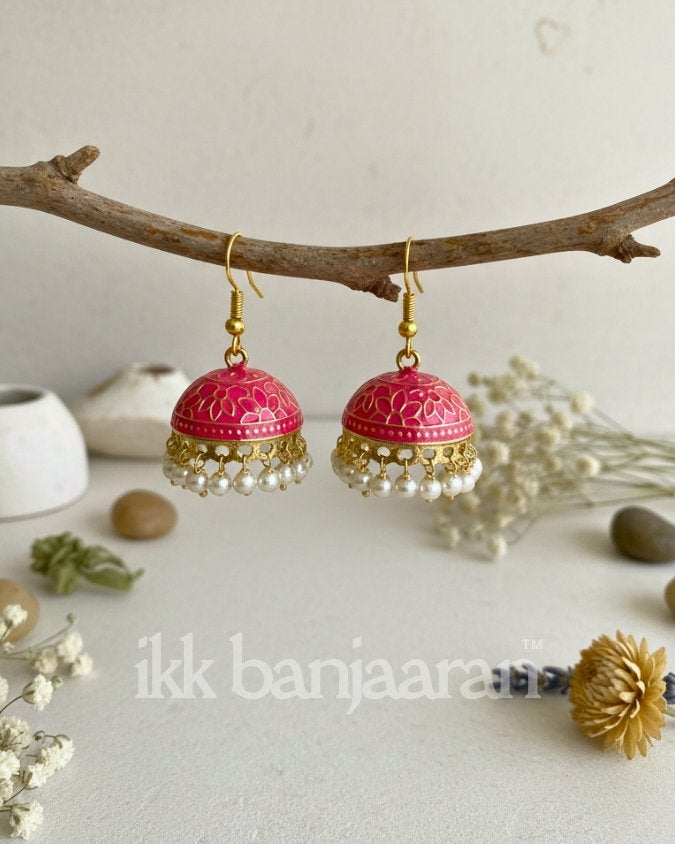 Handpainted Meenakari Jhumkas Hot Pink