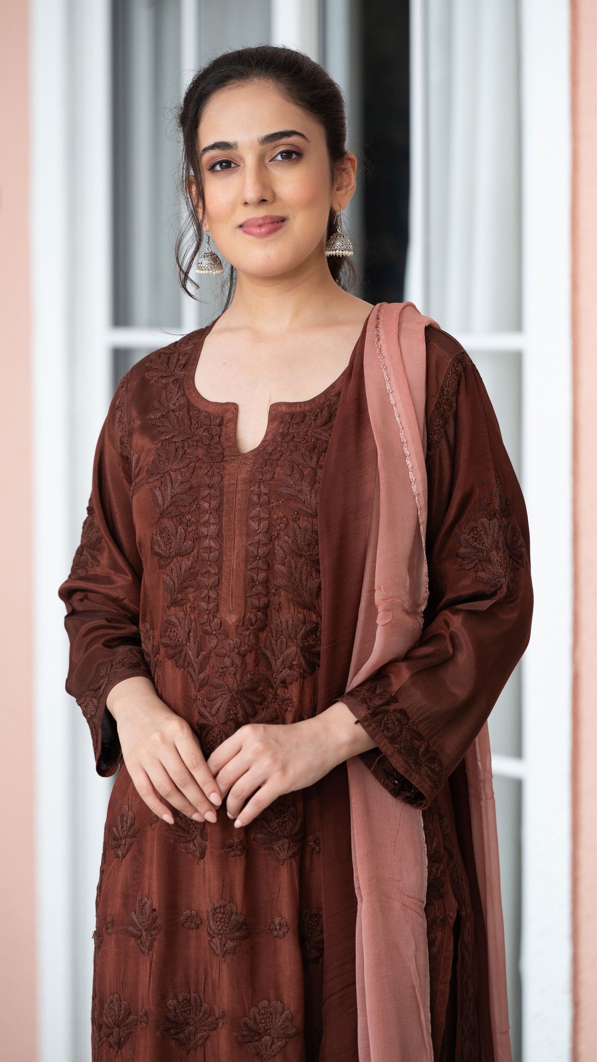Gulnar Pure Muslin Chikankari Sets with Ombre Dupatta 3-Pc Set - Mocha Blush