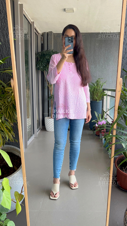 Afreen Muslin Short Kurti - Pastel Pink