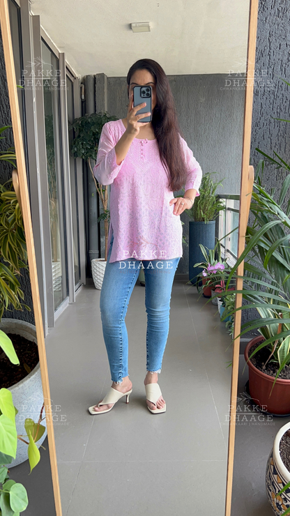 Afreen Muslin Short Kurti - Pastel Pink
