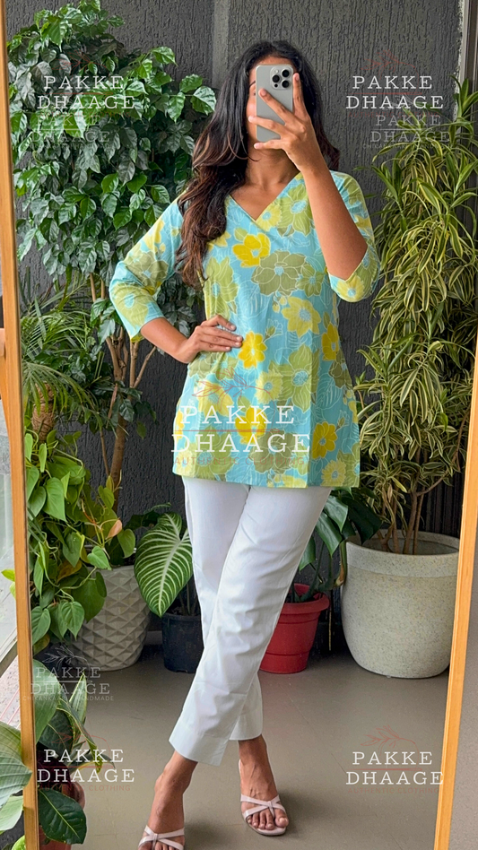 Print Poetry Pure Cotton Short Kurtis - Floral Bloom