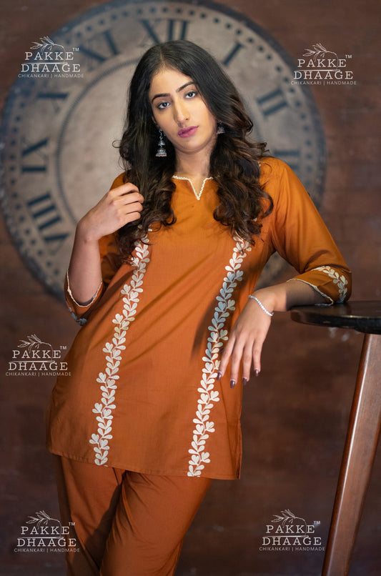 Burnt Orange Embroidered Pure Cotton Coord Set