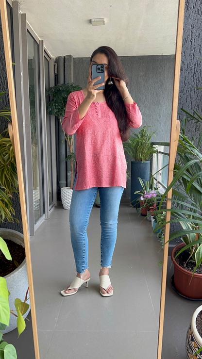 Afreen Muslin Short Kurti - Light Coral