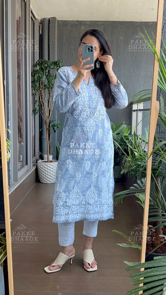 Gulnar Printed Mulmul Kurta - Pastel Grey