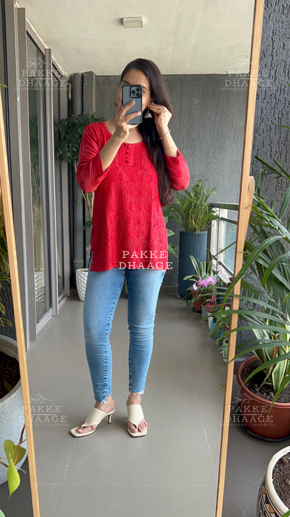 Afreen Muslin Short Kurti - Deep Red