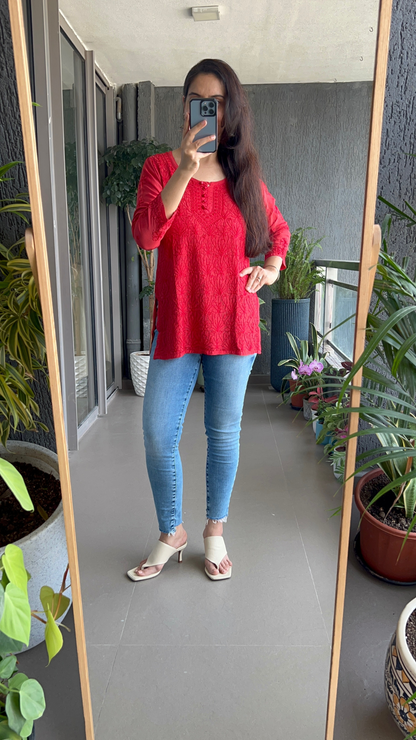 Afreen Muslin Short Kurti - Deep Red