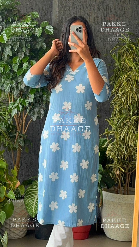 Maya Pure Cotton Jaipuri Printed Kurti Powder Blue
