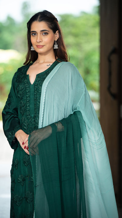 Gulnar Pure Muslin Chikankari Sets with Ombre Dupatta 3-pc Set - Deep Emerald Green