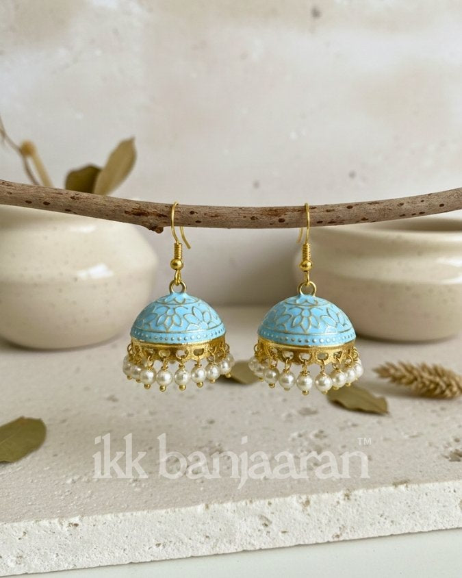 Handpainted Meenakari Jhumkas Light Blue