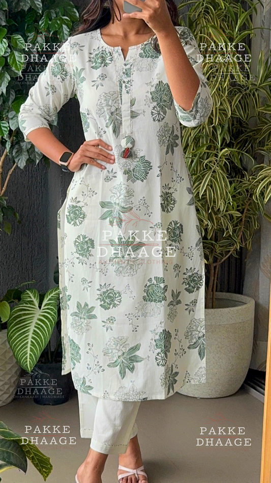 Soft Olive Pure Cotton Jaipuri Printed Kurta Pant Set
